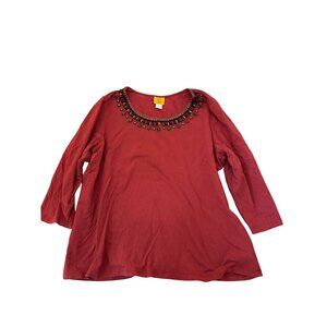 Ruby Rd. Womens Red 3/4 Sleeve Top Blouse 1X Beaded Cotton Spandex Boho Career
